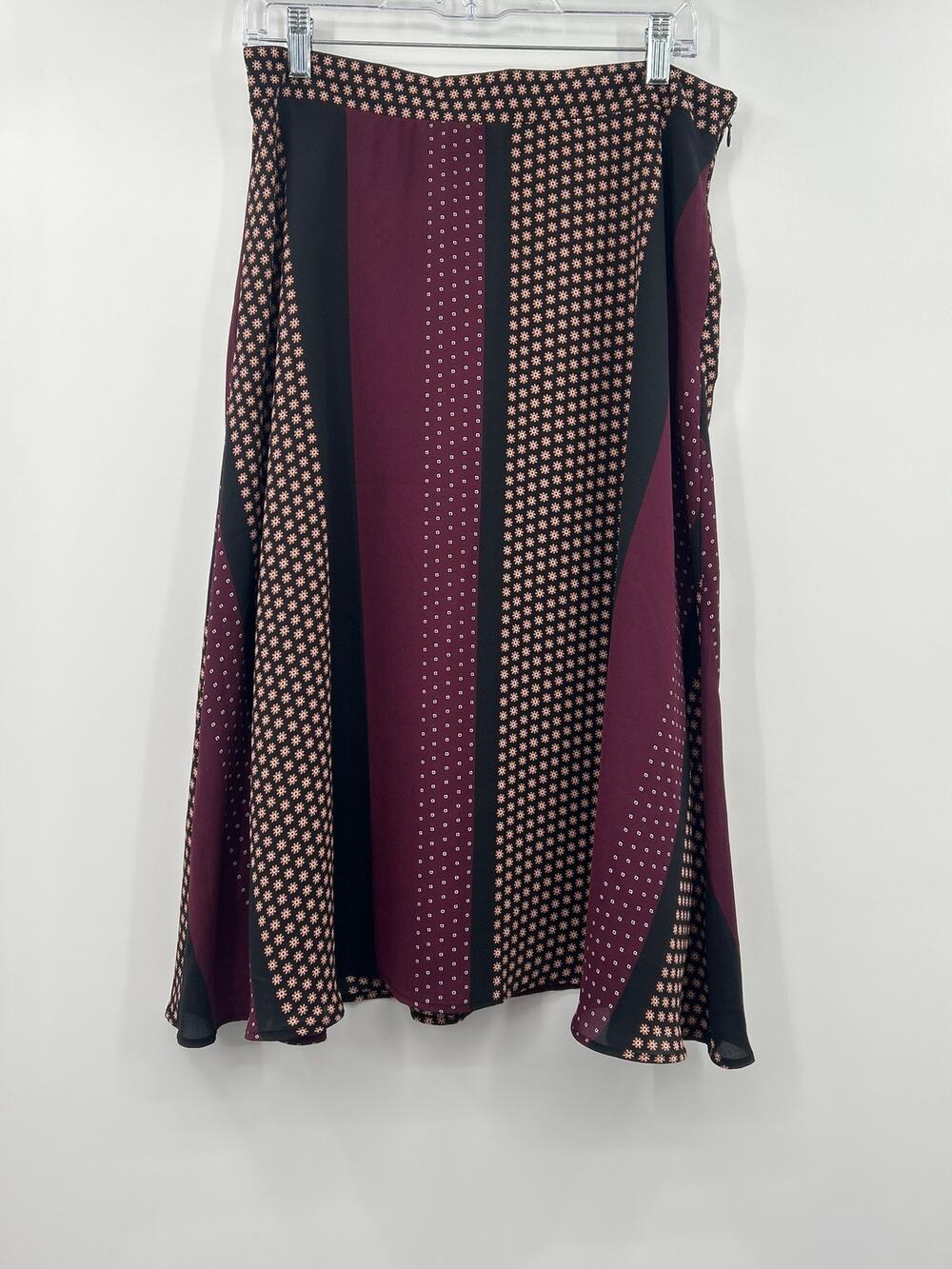 Ann Taylor Factory Skirt Burgundy Black Mixed Media Print A Line Size 10 Boho